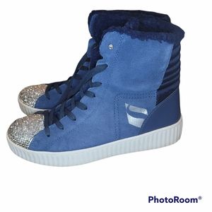 Sketchers two-tone blue suede rhinestones hightops women's sz 10 faux fur